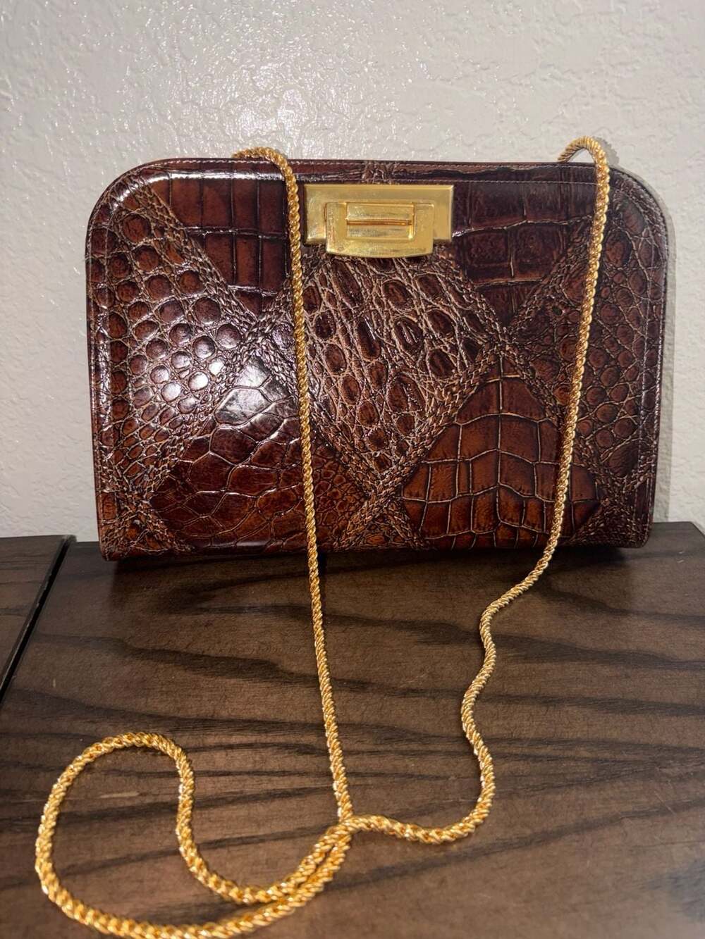 Vintage Frenchy of California Geometric Patchwork Croc-Embossed Shoulder Bag